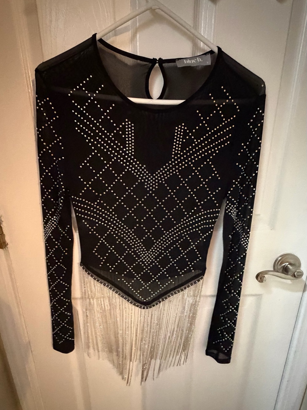 Blue B. Embellished Black Mesh Top with Rhinestones